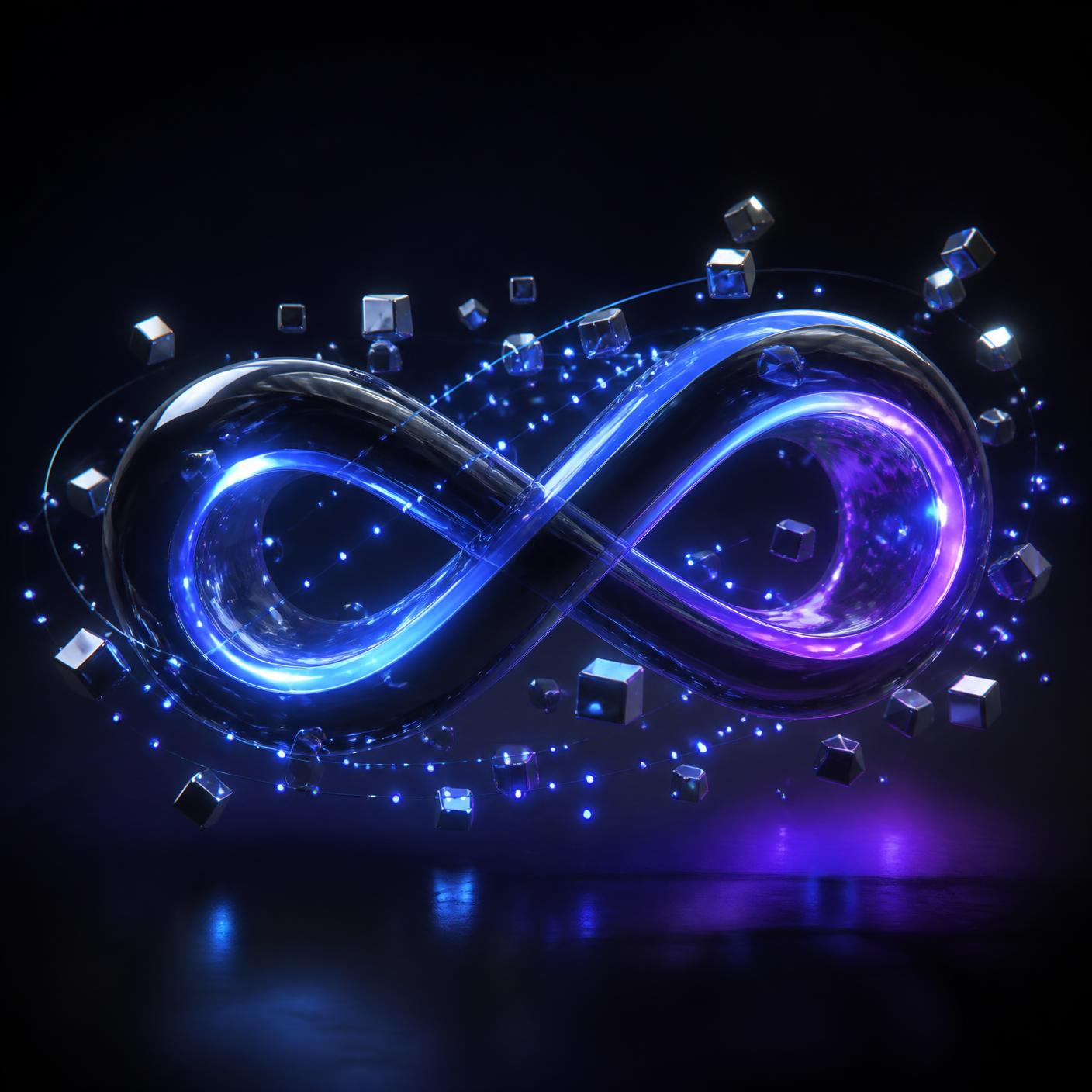 3D glass infinity symbol glowing blue, the Infinite Tech brand mark